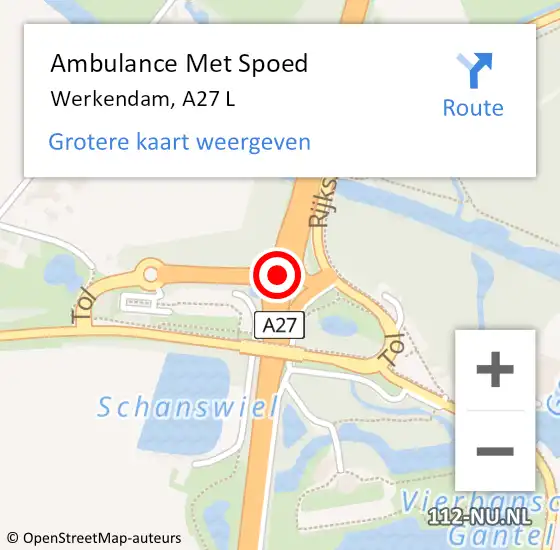 Locatie op kaart van de 112 melding: Ambulance Met Spoed Naar Werkendam, A27 L op 27 februari 2016 12:32