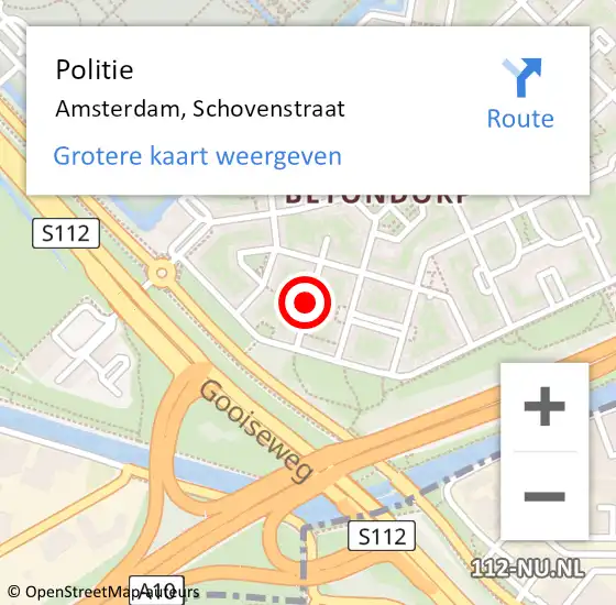 Locatie op kaart van de 112 melding: Politie Amsterdam, Schovenstraat op 16 maart 2016 09:32