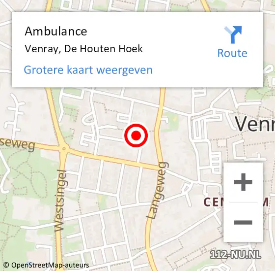 Locatie op kaart van de 112 melding: Ambulance Venray, De Houten Hoek op 22 maart 2016 10:28