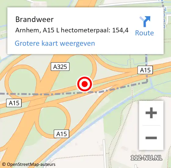 Locatie op kaart van de 112 melding: Brandweer Arnhem, A15 L hectometerpaal: 154,4 op 4 april 2016 17:41
