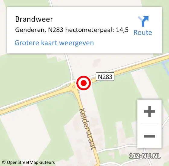 Locatie op kaart van de 112 melding: Brandweer Genderen, N283 hectometerpaal: 14,5 op 11 december 2013 14:11