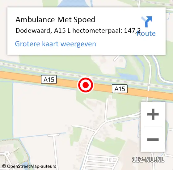 Locatie op kaart van de 112 melding: Ambulance Met Spoed Naar Dodewaard, A15 L hectometerpaal: 147,2 op 11 april 2016 05:41