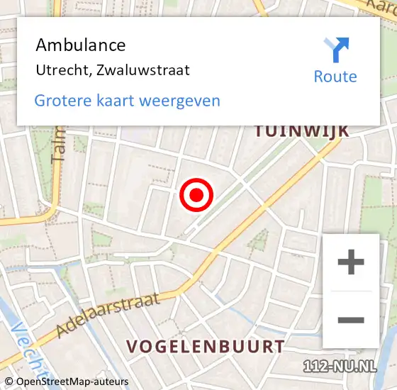 Locatie op kaart van de 112 melding: Ambulance Utrecht, Zwaluwstraat op 18 april 2016 14:51