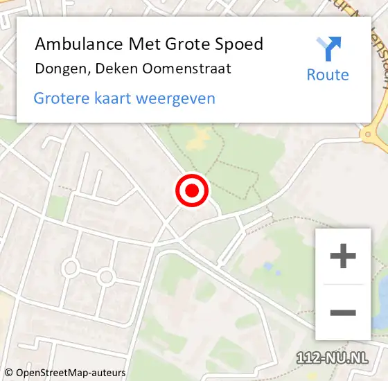 Locatie op kaart van de 112 melding: Ambulance Met Grote Spoed Naar Dongen, Deken Oomenstraat op 18 april 2016 15:01