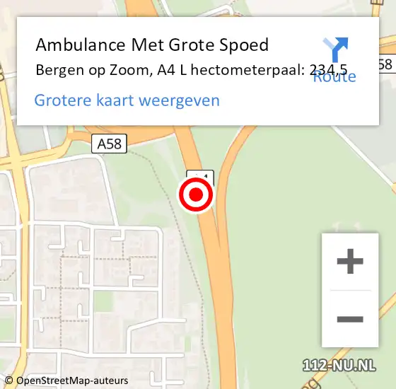 Locatie op kaart van de 112 melding: Ambulance Met Grote Spoed Naar Bergen op Zoom, A4 R hectometerpaal: 234,3 op 21 april 2016 05:55
