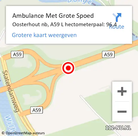 Locatie op kaart van de 112 melding: Ambulance Met Grote Spoed Naar Oosterhout nb, A59 L hectometerpaal: 96,4 op 26 april 2016 10:49