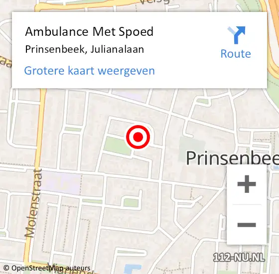 Locatie op kaart van de 112 melding: Ambulance Met Spoed Naar Prinsenbeek, Julianalaan op 26 april 2016 16:42
