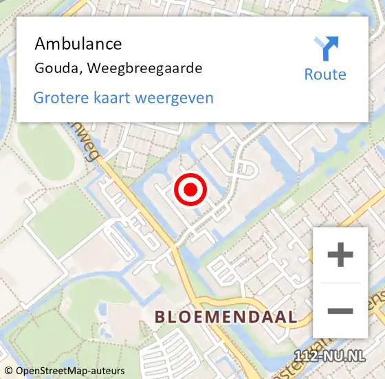 Locatie op kaart van de 112 melding: Ambulance Gouda, Weegbreegaarde op 27 april 2016 11:10