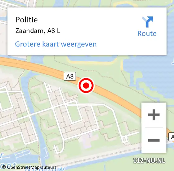 Locatie op kaart van de 112 melding: Politie Zaandam, A8 R hectometerpaal: 5,6 op 5 mei 2016 23:03