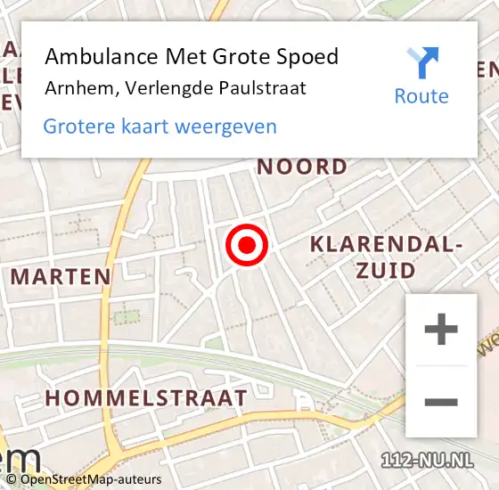 Locatie op kaart van de 112 melding: Ambulance Met Grote Spoed Naar Arnhem, Verlengde Paulstraat op 6 mei 2016 02:55