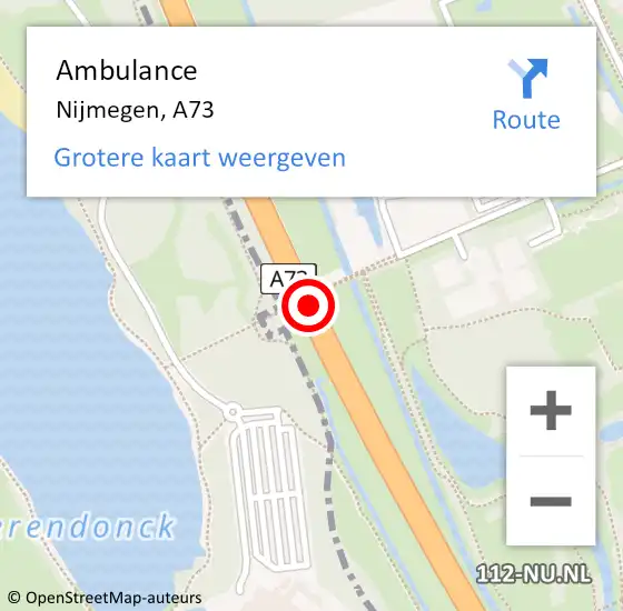 Locatie op kaart van de 112 melding: Ambulance Nijmegen, A73 op 6 mei 2016 11:05