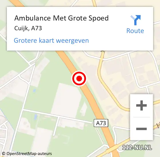 Locatie op kaart van de 112 melding: Ambulance Met Grote Spoed Naar Cuijk, A73 op 6 mei 2016 18:43