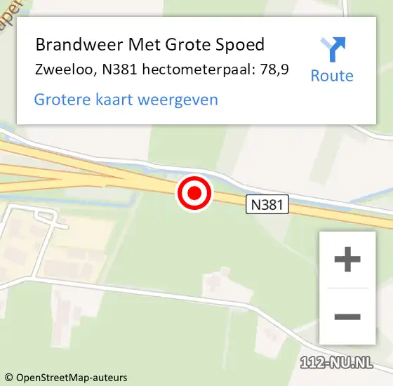 Locatie op kaart van de 112 melding: Brandweer Met Grote Spoed Naar Zweeloo, N381 hectometerpaal: 78,9 op 6 mei 2016 23:27