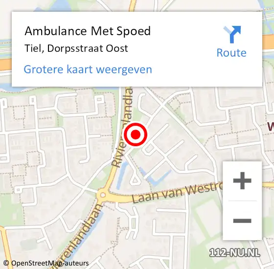 Locatie op kaart van de 112 melding: Ambulance Met Spoed Naar Tiel, Dorpsstraat Oost op 8 mei 2016 05:45