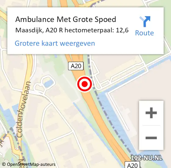 Locatie op kaart van de 112 melding: Ambulance Met Grote Spoed Naar Maasdijk, A20 R hectometerpaal: 12,6 op 12 mei 2016 05:33