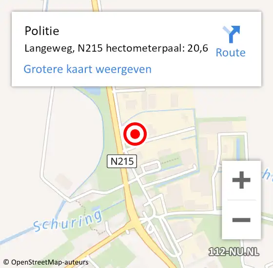 Locatie op kaart van de 112 melding: Politie Langeweg, N215 hectometerpaal: 20,6 op 15 mei 2016 14:40