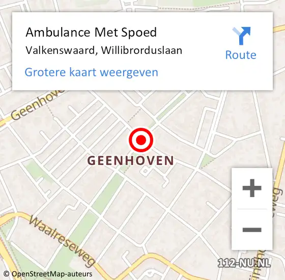 Locatie op kaart van de 112 melding: Ambulance Met Spoed Naar Valkenswaard, Willibrorduslaan op 22 mei 2016 05:54
