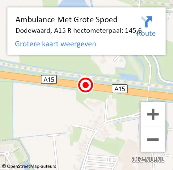 Locatie op kaart van de 112 melding: Ambulance Met Grote Spoed Naar Dodewaard, A15 L hectometerpaal: 146,2 op 23 mei 2016 13:54