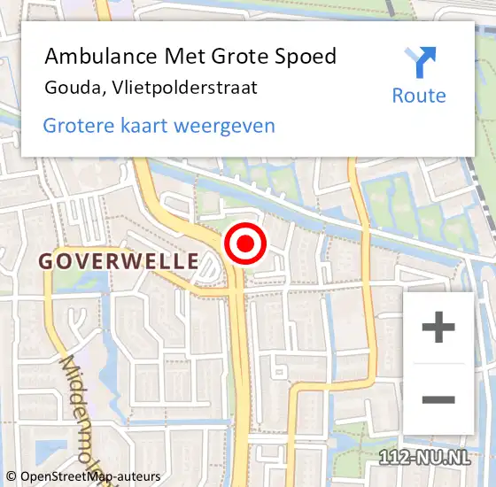 Locatie op kaart van de 112 melding: Ambulance Met Grote Spoed Naar Gouda, Vlietpolderstraat op 26 mei 2016 23:29