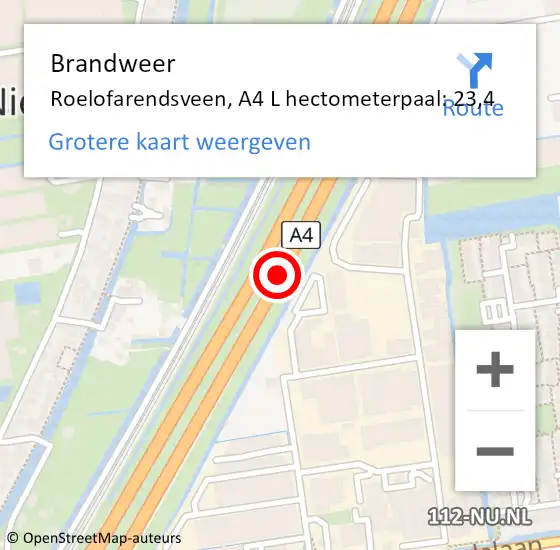 Locatie op kaart van de 112 melding: Brandweer Roelofarendsveen, A4 R hectometerpaal: 26,0 op 29 mei 2016 23:04