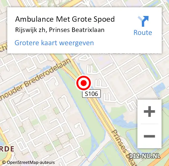 Locatie op kaart van de 112 melding: Ambulance Met Grote Spoed Naar Rijswijk zh, Prinses Beatrixlaan op 6 juni 2016 16:41