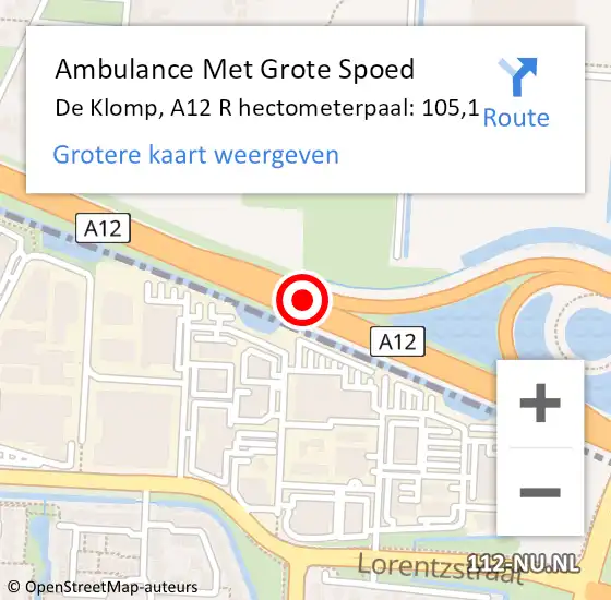 Locatie op kaart van de 112 melding: Ambulance Met Grote Spoed Naar De Klomp, A12 R hectometerpaal: 105,1 op 7 juni 2016 01:43