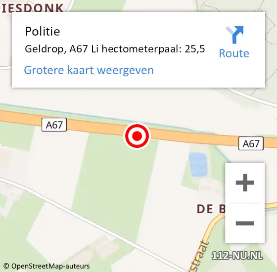 Locatie op kaart van de 112 melding: Politie Someren, A67 Li hectometerpaal: 37,2 op 14 juni 2016 07:26