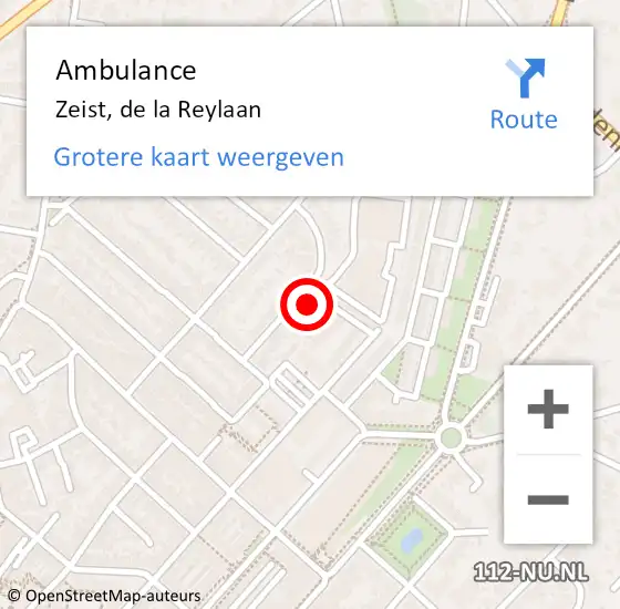 Locatie op kaart van de 112 melding: Ambulance Zeist, de la Reylaan op 14 juni 2016 08:43