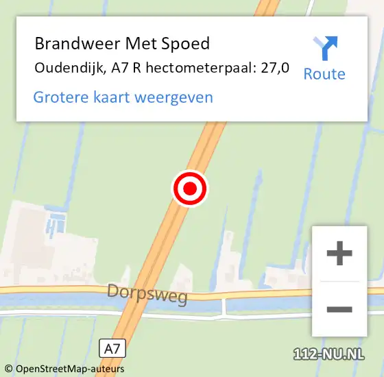Locatie op kaart van de 112 melding: Brandweer Met Spoed Naar Oudendijk, A7 R hectometerpaal: 26,2 op 18 juni 2016 12:41