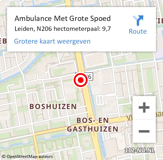 Locatie op kaart van de 112 melding: Ambulance Met Grote Spoed Naar Leiden, N206 hectometerpaal: 9,3 op 19 juni 2016 13:06