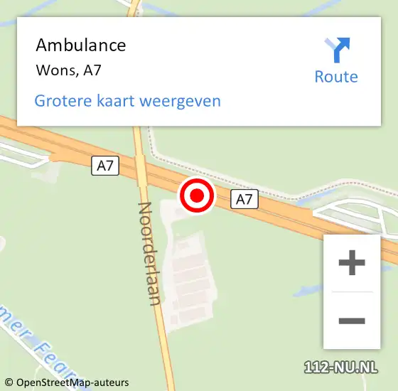 Locatie op kaart van de 112 melding: Ambulance Wons, A7 op 19 juni 2016 13:59
