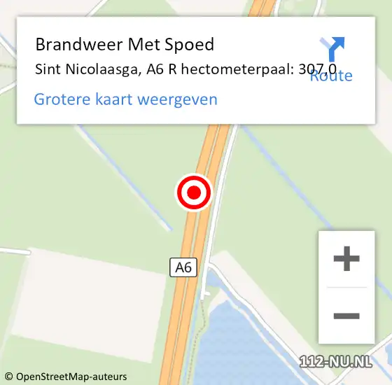 Locatie op kaart van de 112 melding: Brandweer Met Spoed Naar Sint Nicolaasga, A6 R hectometerpaal: 307,0 op 22 juni 2016 16:12