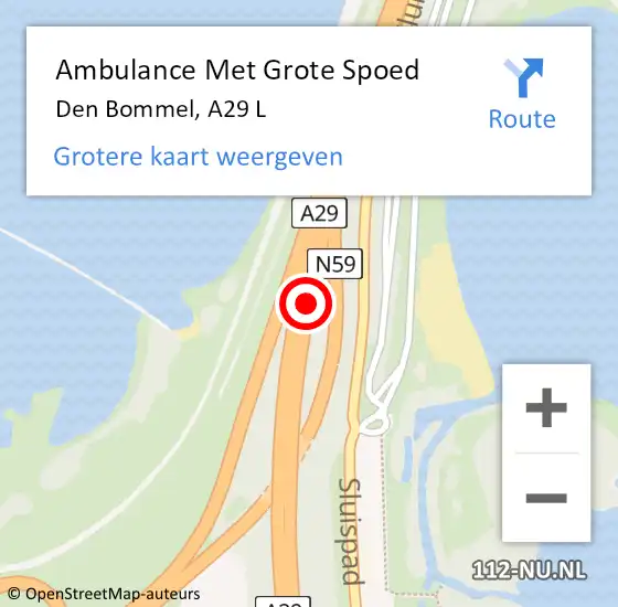 Locatie op kaart van de 112 melding: Ambulance Met Grote Spoed Naar Den Bommel, A29 R hectometerpaal: 99,1 op 26 juni 2016 00:49