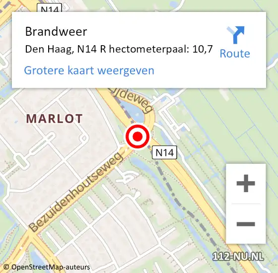 Locatie op kaart van de 112 melding: Brandweer Den Haag, N14 R hectometerpaal: 10,7 op 27 juni 2016 22:45