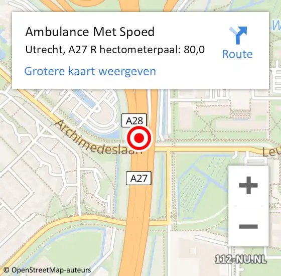 Locatie op kaart van de 112 melding: Ambulance Met Spoed Naar Utrecht, A27 R hectometerpaal: 78,0 op 27 juni 2016 23:09
