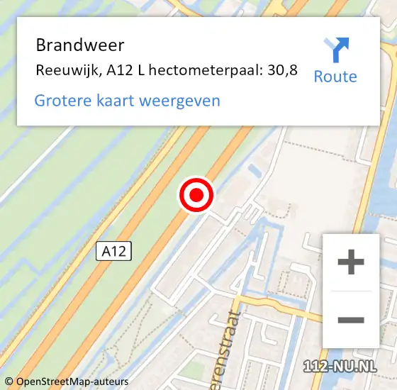 Locatie op kaart van de 112 melding: Brandweer Reeuwijk, A12 L hectometerpaal: 30,8 op 29 juni 2016 06:39