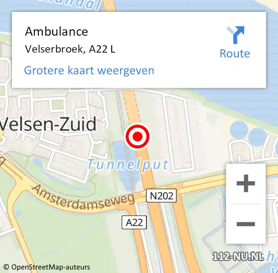 Locatie op kaart van de 112 melding: Ambulance Velserbroek, A22 L op 1 juli 2016 08:35