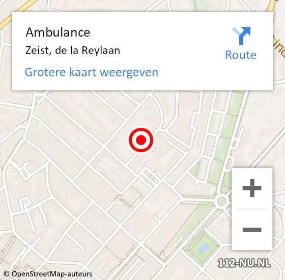 Locatie op kaart van de 112 melding: Ambulance Zeist, de la Reylaan op 1 juli 2016 09:04