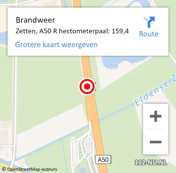 Locatie op kaart van de 112 melding: Brandweer Zetten, A50 R hectometerpaal: 159,4 op 1 juli 2016 14:06