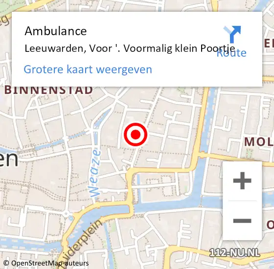 Locatie op kaart van de 112 melding: Ambulance Leeuwarden, Voor '. Voormalig klein Poortje op 4 juli 2016 17:13