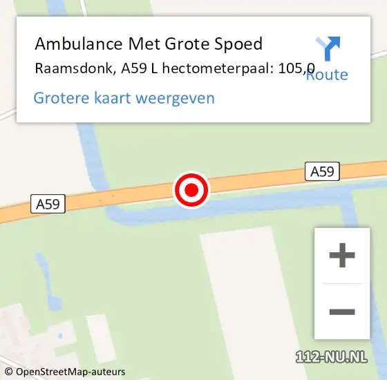 Locatie op kaart van de 112 melding: Ambulance Met Grote Spoed Naar Raamsdonk, A59 L hectometerpaal: 105,0 op 5 juli 2016 14:42