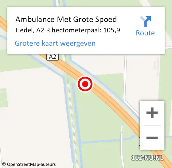 Locatie op kaart van de 112 melding: Ambulance Met Grote Spoed Naar Hedel, A2 R hectometerpaal: 105,2 op 12 juli 2016 12:18