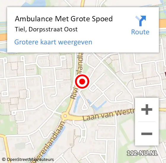 Locatie op kaart van de 112 melding: Ambulance Met Grote Spoed Naar Tiel, Dorpsstraat Oost op 12 juli 2016 16:33