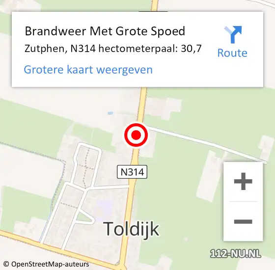 Locatie op kaart van de 112 melding: Brandweer Met Grote Spoed Naar Zutphen, N314 hectometerpaal: 30,5 op 15 juli 2016 16:58
