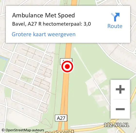 Locatie op kaart van de 112 melding: Ambulance Met Spoed Naar Bavel, A27 R hectometerpaal: 3,0 op 16 juli 2016 13:20