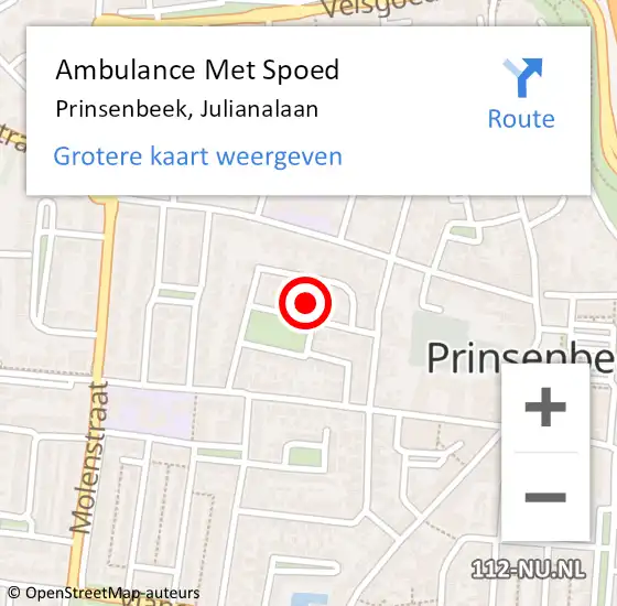 Locatie op kaart van de 112 melding: Ambulance Met Spoed Naar Prinsenbeek, Julianalaan op 17 juli 2016 12:26