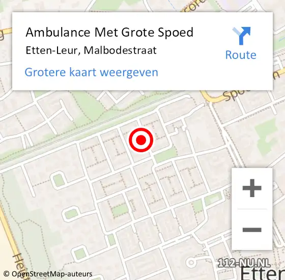 Locatie op kaart van de 112 melding: Ambulance Met Grote Spoed Naar Etten-Leur, Malbodestraat op 18 juli 2016 10:15