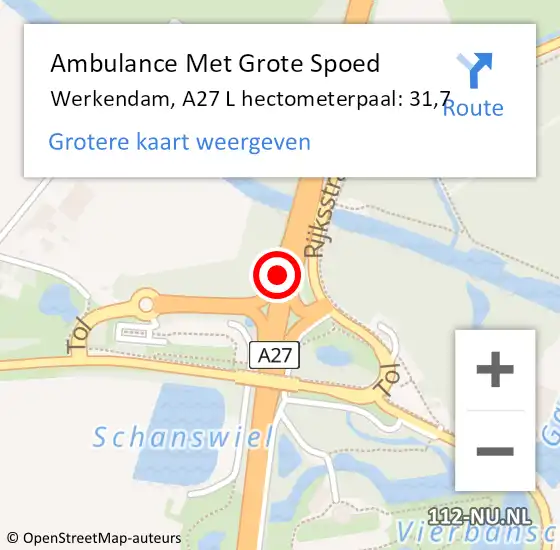 Locatie op kaart van de 112 melding: Ambulance Met Grote Spoed Naar Werkendam, A27 L hectometerpaal: 31,7 op 21 december 2013 16:49
