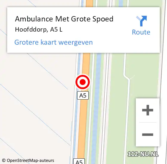Locatie op kaart van de 112 melding: Ambulance Met Grote Spoed Naar Hoofddorp, A5 L op 19 juli 2016 06:42