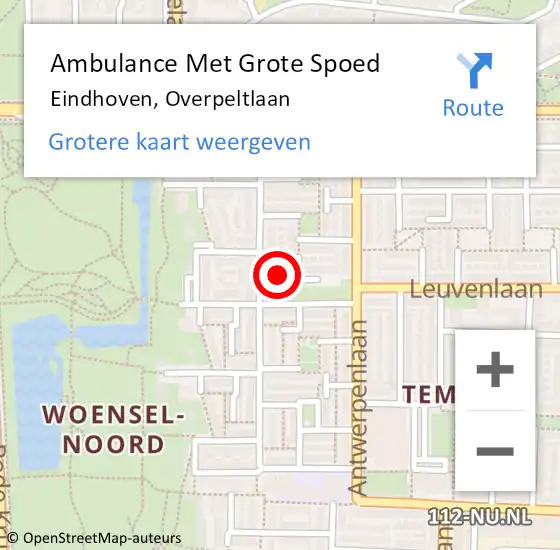 Locatie op kaart van de 112 melding: Ambulance Met Grote Spoed Naar Eindhoven, Overpeltlaan op 21 juli 2016 19:32